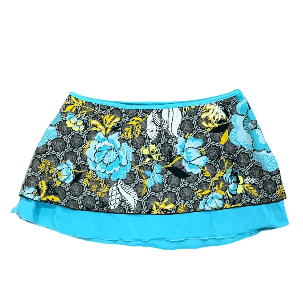 Athleta Womens Turquoise Floral Honeycomb Print Ruffle Swim Skirt Size S